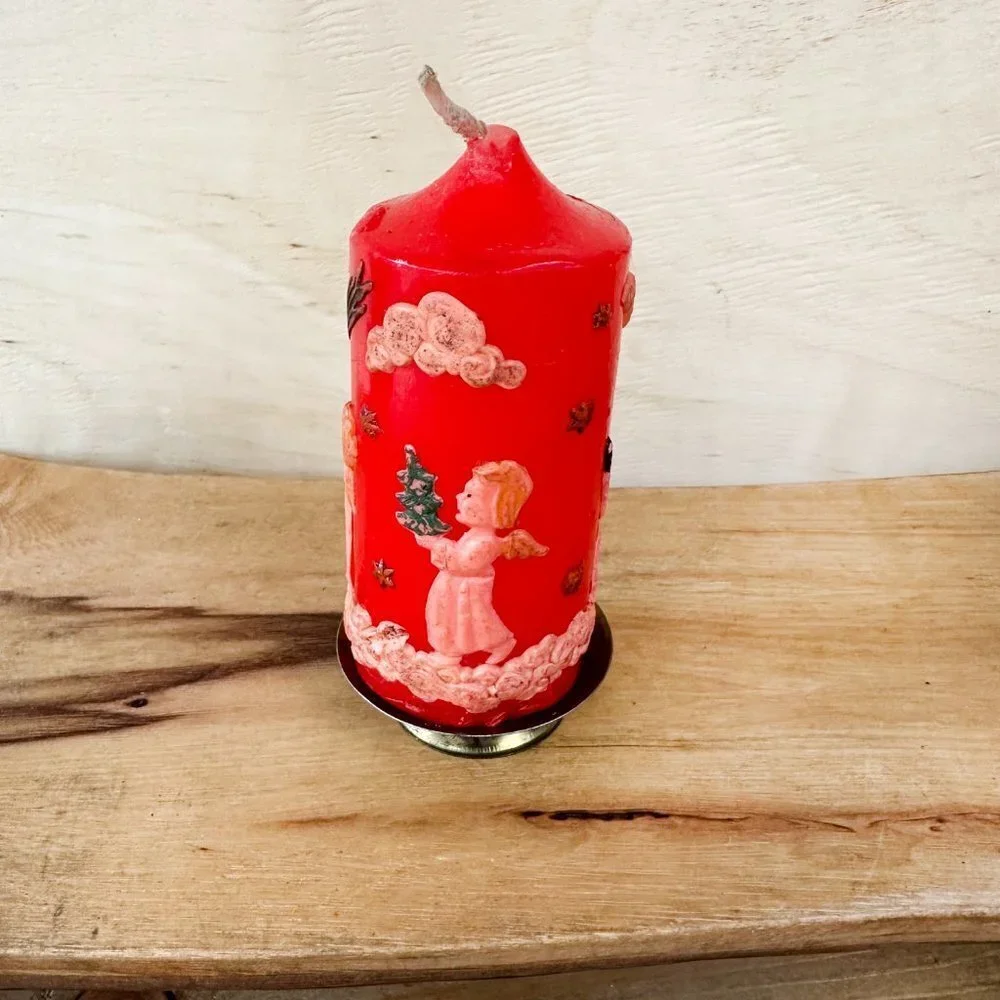 Vintage Christmas Candle Red Angels Crescent Moon Comet 2